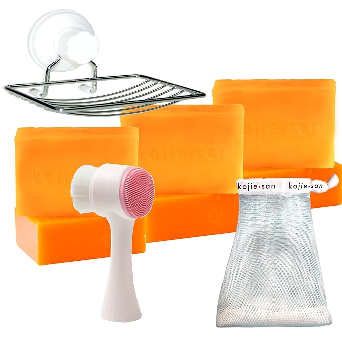 Kojie San Face & Body Skin Brightening Shower 9pc Set - the Original Kojic Acid Soap that Helps Reduce Dark Spots 6 x 135g Bars, Soap Dish and Facial Cleansing Brush…-VivaGrace Women