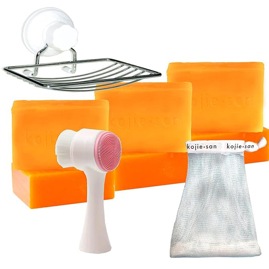 Kojie San Face & Body Skin Brightening Shower 9pc Set - the Original Kojic Acid Soap that Helps Reduce Dark Spots 6 x 135g Bars, Soap Dish and Facial Cleansing Brush…-VivaGrace Women