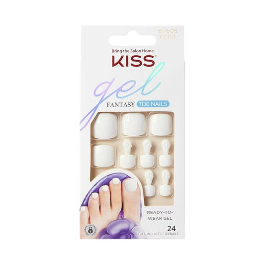 KISS Gel Fantasy Collection Ready-To-Wear Fake Toenails Pedicure Set, Style 'This is Classic', with Mini Nail File, Pink Gel Nail Glue & 28 White Smudge-Proof Glue-On Toenails
