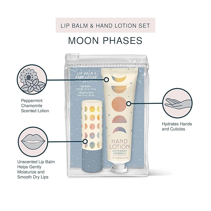 Studio Oh! Lip Balm & Hand Lotion Set - Travel-Size Toiletries, 2-Piece Gift Set - Moisturizing, Portable - Moon Phases-VivaGrace Women