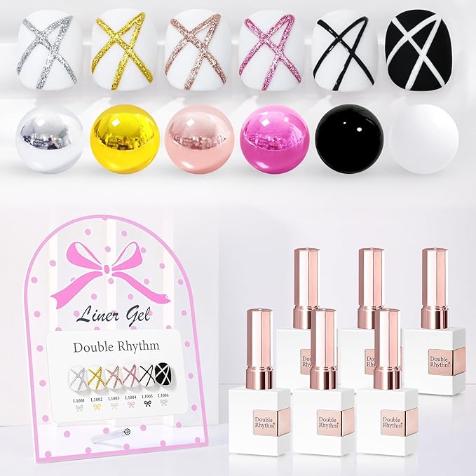 Double Rhythm 6 Pcs 15 ML Gel Liner Polish Nail Art Set Chrome Metallic Glitter Soak Off Gel Polish Kit Nail Art Manicure Salon DIY at Home for Women (Gold Silver Black White-T6-52)-VivaGrace Women