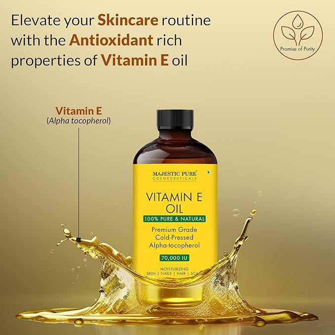 Majestic Pure Vitamin E Oil - 100% Pure & Natural, 70,000 IU | Premium Grade, Cold-Pressed and Tocopherol to Repair Dry, Damaged Skin| Moisturizing Skin, Hair and Scalp 4 Fl Oz-VivaGrace Women