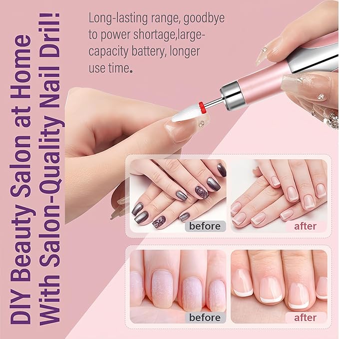Electric Nail Drill File Cordless,Portable Rechargeable Nail File Kit for Acrylic & Gel Nails,Professional Efile for Manicure Pedicure Polishing,with 12 Nail Drill Bits 31 Sanding Bands,Rose Gold-VivaGrace Women