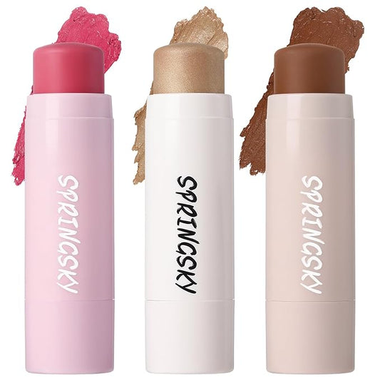 3Pcs Multi-Use Face Makeup Sticks Sets, Blendable Cream Blush Stick For Cheeks Lips, Highlighter Contour Shading Sticks Moisturizer Make Up Sets For Women (01)-VivaGrace Women