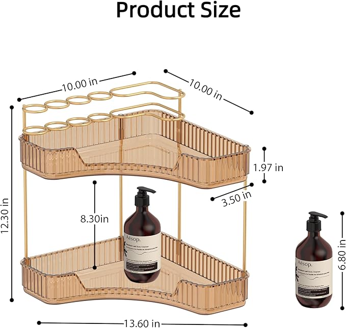 Corner Bathroom Counter Organizer with Top Toothbrush Holders, 2-Tier Make Up Organizers for Vanity with Brush Holder, Corner Storage for Bathroom, Kitchen, Dresser-VivaGrace Women