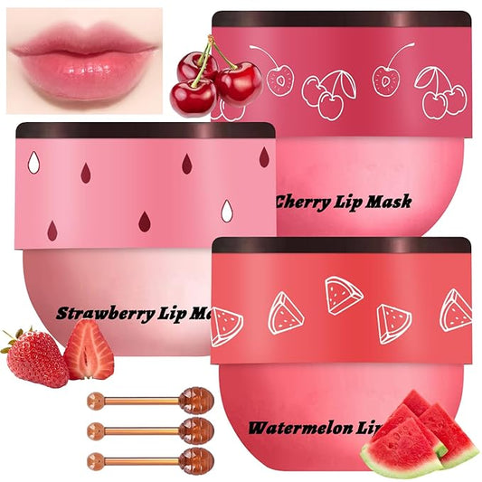 3 PCS Bee Lip Balm Honey Pot, Watermelon & Cherry & Strawberry Lip Mask Overnight Propolis Moisturizing Lip Balm Hydrating Prevention Dry and Crack Lip Scrubs Exfoliator Lip Wrinkle Care (Set C)-VivaGrace Women