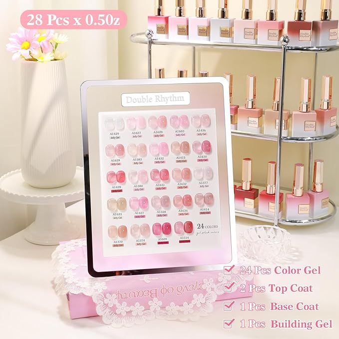 Double Rhythm 28Pcs 0.5Oz Gel Nail Polish Set Same Color Same Bottle Soak Off Gel Polish Kit Nail Art Manicure Salon DIY at Home for Women (Jelly Sheer Clear Collection-T24-8)-VivaGrace Women