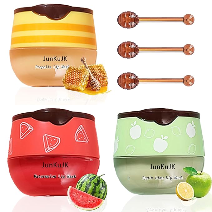 3 Pcs Bee Lip Balm Honey Pot with Stick,Moisturizing Lip Mask Overnight,Day and Night Tinted Sleeping Lip Balm,Hydrating Lip Scrubs Exfoliator & Moisturizer-VivaGrace Women