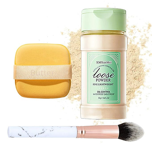 Lightweight Setting Powder,Waterproof Oil Control Translucent Face Powder,Smooth Long Lasting Matte Finish Loose Powder with Face Makeup Brush & Powder Puff（Natural Color）-VivaGrace Women