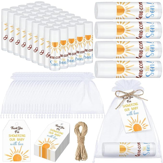 Dunzy 50 Pack Here Comes the Son Baby Shower Party Gifts Lip Balms Favors Bulk for Guests Boys Girls Gender Reveal Favors Baby Shower Game Prizes Souvenirs Goodie Bags Stuffers Thank You Gifts-VivaGrace Women