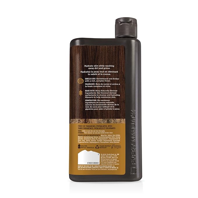 Every Man Jack Amber+Sandalwood Hydrating Mens Body Wash for All Skin Types-Cleanse, Nourish, and Hydrate Skin with Naturally Derived Ingredients-Paraben Free, Phthalate Free, Dye Free-24oz(Pack of 2)-VivaGrace Women