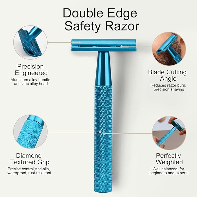 Double Edge Safety Razor, Single Blade Razors for Men and Women, with 10 Stainless Steel Safety Razor Blades, Smooth and Close Wet Shaving, Plastic Free, Blue-VivaGrace Women