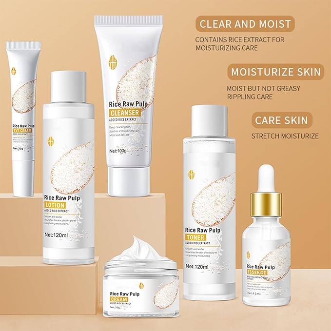 Skincare Gifts for Teenage Girls - Rice Raw Pulp Skin Care Sets & Kits - 6PCS Pamper Gifts for Women with Facial Cleanser-Toner-Eye Cream-Essence-Emulsion-Cream - Gift Set for Firming Hydrating Skin-VivaGrace Women