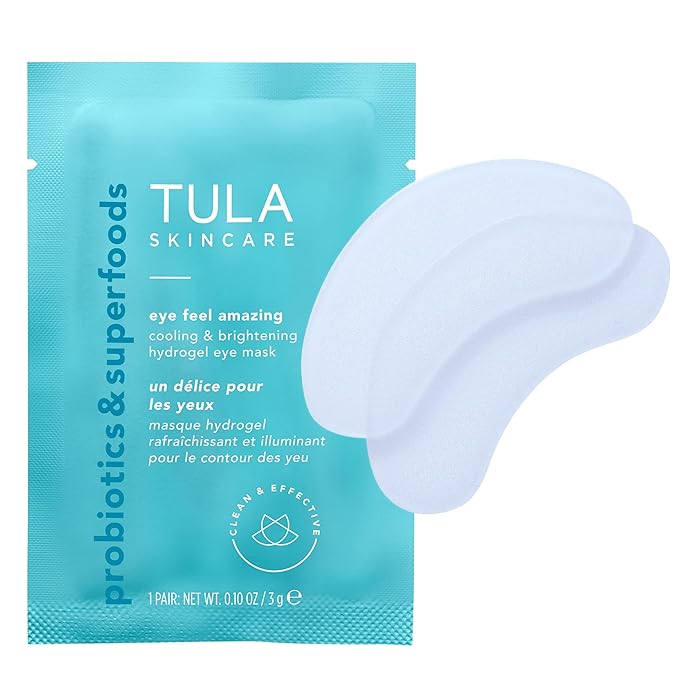 TULA Skin Care Eye Feel Amazing Cooling & Brightening Hydrogel Eye Masks - Fights Puffiness & Soothes Undereyes, Contains Hyaluronic Acid & Niacinamide, Caffeine & Chamomile, 4 packettes, 0.10 oz.-VivaGrace Women