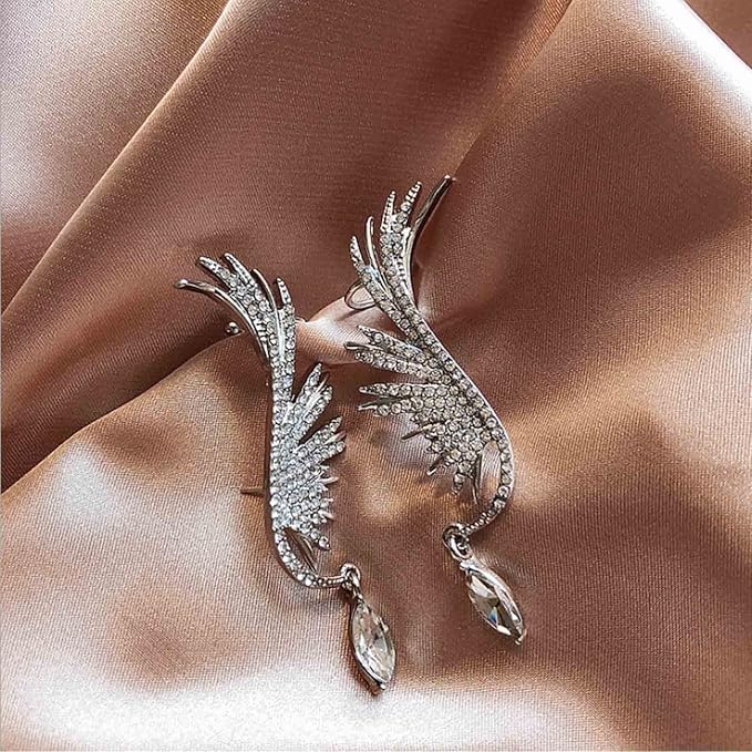 Boho Crystal Angel Wing Earrings Silver Rhinestone Wing Earrings Cz Crystal Ear Climber Earrings Guardian Wing Clip on Earrings Jewelry for Women and Girls Gifts-VivaGrace Women