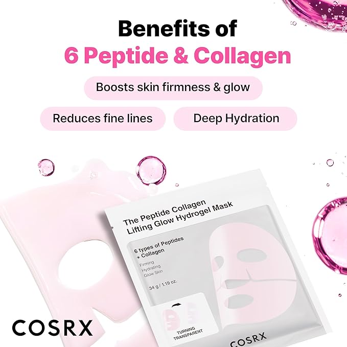 COSRX The Peptide Collagen Lifting Glow Hydrogel Face Masks Skincare 3 EA, Collagen Face Mask, Travel Essentials, Overnight Face Mask, Korean SkinCare-VivaGrace Women