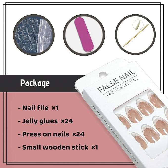 French Tip Chrome Press on Nails Almond Medium Fake Nails with Mirror Designs Glossy Glue on Acrylic Nails Nude Full Cover False Nails for Women