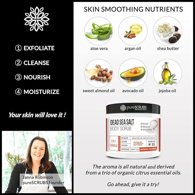 pureSCRUBS Premium Citrus Body Scrub Set - Large 16oz Dead Sea Salt Body Scrub With Infused Essential Oils & Nutrients, Includes Wooden Spoon, Loofah & Oatmeal Exfoliating Bar Soap-VivaGrace Women