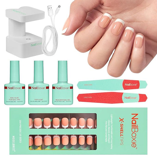 Modelones Gel Nail Kit, Press On Nails Kit with LED Light, 150 PCS Extra Short Pink Square, 15 Sizes French Tip Press on Nails, NailBoxie Pre-Colored Nail Tips for Easy DIY Nail Art-VivaGrace Women