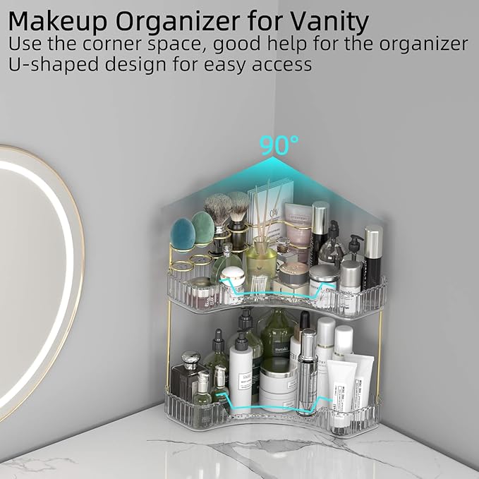 Makeup Organizer Countertop 2 Tier, Corner Bathroom Countertop Organizer with Toothbrush and Makeup Brush Holder, Corner Vanity Tray for Skincare Organization-VivaGrace Women