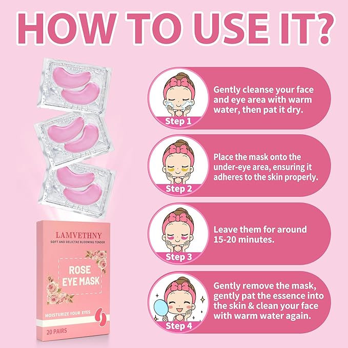 Eye Mask, Pink Rose Under Eye Patches (20 Pairs) Pink Rose Under Eye Masks Hyaluronic Acid Eye Patches for Dark Circles and Puffiness, Reduce Wrinkles and Fine Lines Under Eye Area - Pink-VivaGrace Women