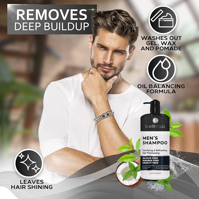 Shampoo for Men - Tea Tree Oil and Peppermint - Sulfate Free, Paraben Free - Clarifying, Refreshing, Volumizing & Moisturizing Hair Thickening Formula - Ideal for Oily Hair, Dry Scalps and Build Up-VivaGrace Women