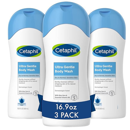 Cetaphil Ultra Gentle Refreshing Body Wash, For Dry To Normal, Sensitive Skin, Aloe Vera, Vitamin B5, Hypoallergenic, Dermatologist Tested, Fragrance Free, 16.9oz Pack of 3-VivaGrace Women
