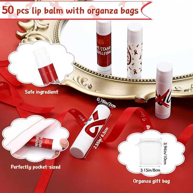 Fumete 50 Pcs Red Awareness Ribbon Lip Balm Bulks Red Ribbon Week Support Gift Red Ribbon Week Supplies Mental Health Awareness Items for Unisex Adults Volunteer Fundraising Charity Activity-VivaGrace Women