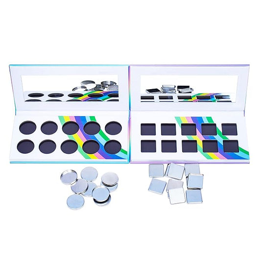 2PCS PU leather pastel sparkle empty magnetic palette with 10Pcs 26mm Round Metal Pans and 10Pcs 23mm square Metal Pans,DIY Eye Shadow makeup palette,elastic, flexible and lubricated, waterproof and easy to clean (Suit-1)-VivaGrace Women