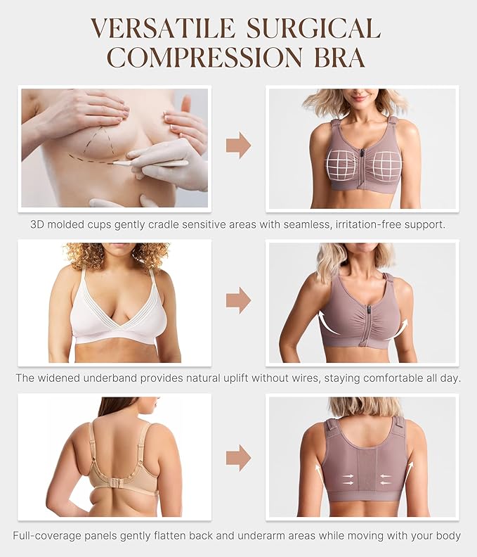 BRABIC Zip Front Closure Everyday Bra for Women Post Surgery Compression Support with Adjustable Straps Wirefree-VivaGrace Women