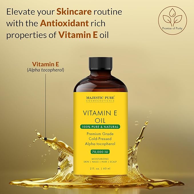 Majestic Pure Vitamin E Oil - 100% Pure & Natural, 70,000 IU | Premium Grade, Cold-Pressed and Tocopherol to Repair Dry, Damaged Skin | Moisturizing Skin, Hair and Scalp 2 Fl Oz-VivaGrace Women