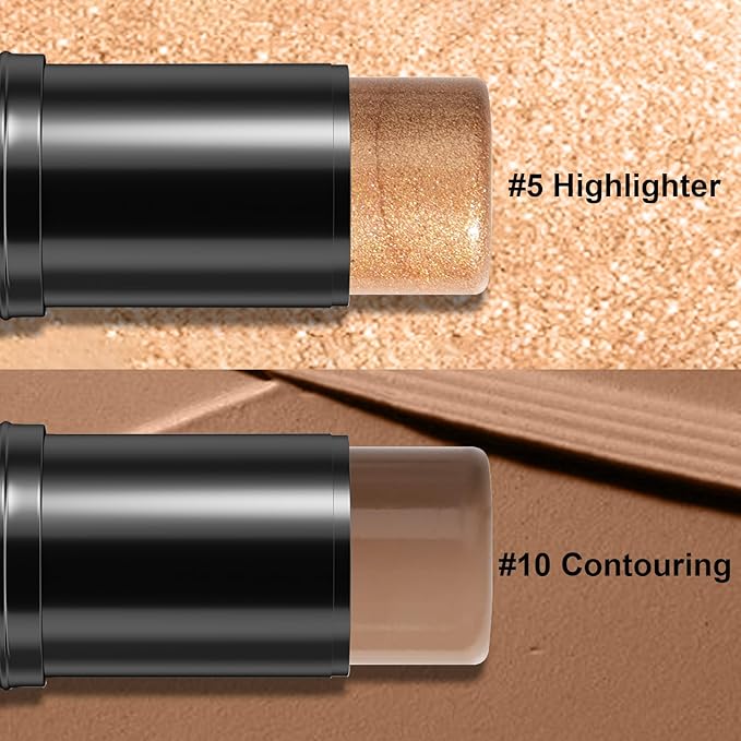 2Pcs Cream Contour Stick Makeup Kit, Cream Highlighter Stick and Bronzer Contour Stick with Longwear Waterproof Formula for Brightening and Trimming the Cheeks, Makeup Brush Include (#05, 10)-VivaGrace Women