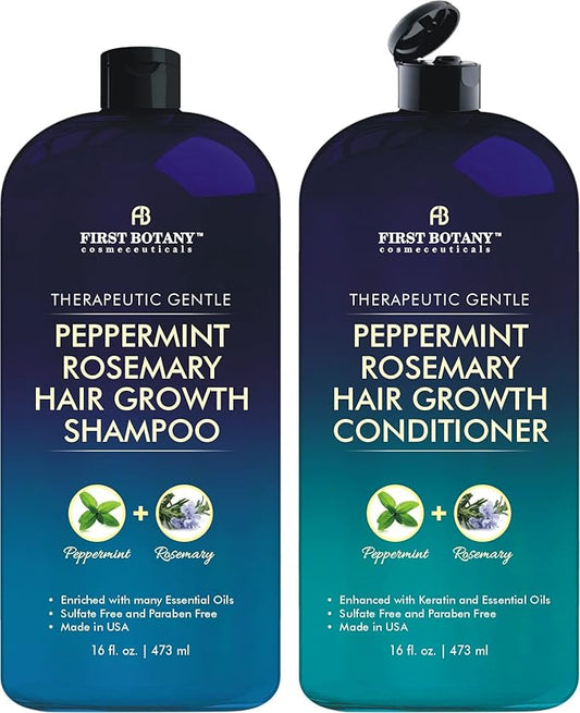 First Botany, Peppermint Rosemary Hair Regrowth and Anti Hair Loss Shampoo and Conditioner Set - Daily Hydrating, Detoxifying, Volumizing Shampoo and Fights Dandruff For Men and Women 16 fl oz x 2-VivaGrace Women