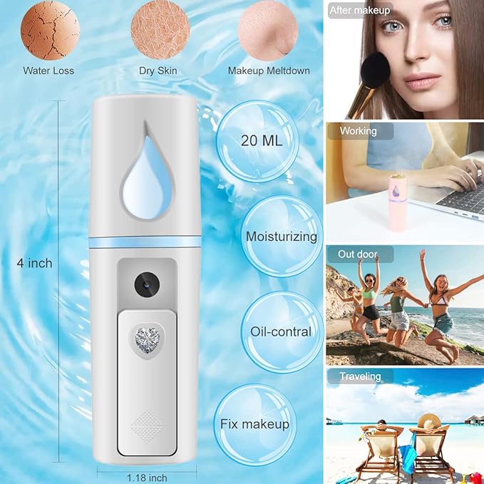 Nano Facial Mister Portable Mist Sprayer with Mirror Mini Cool Mist Spray for Skin Care & Facial Body Moisturized & Eyelash Extensions, USB Rechargeable (White)-VivaGrace Women