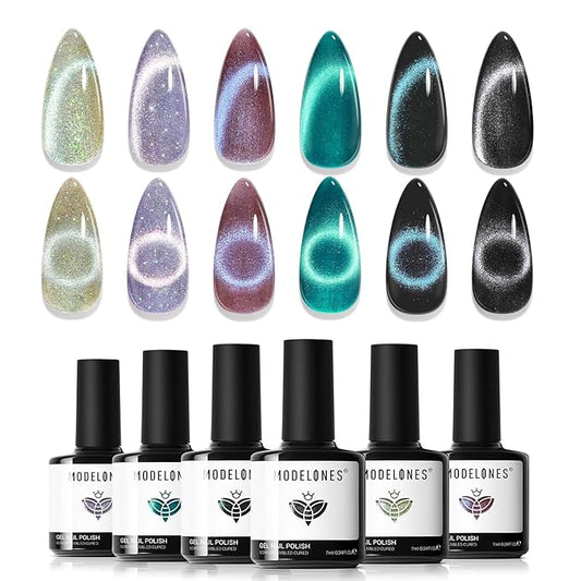 modelones Cat Eye Gel Nail Polish Set, 6 Colors Holographic 9D Glassy Cat Eye Glitter Gel Polish Set Black Blue Purple Green Nail Polish Kit with Magnet Soak Off LED Nail Art DIY Salon Gift-VivaGrace Women