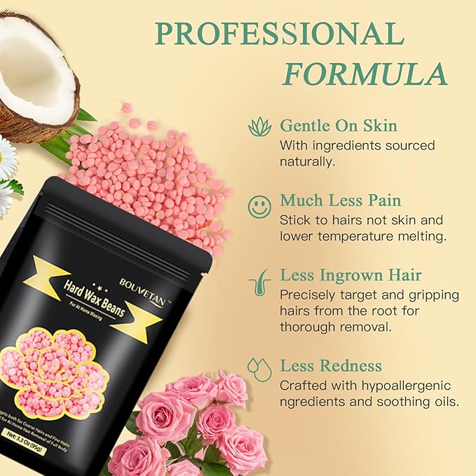 Hard Wax Beads, Bouvetan 1.3Lb/21oz Wax Beans for Brazilian Waxing, Hard Waxing Beads for Eyebrow, Face, Bikini for Women Men Hair Removal with 10pcs Wax Spatulas, 6 Packs-VivaGrace Women