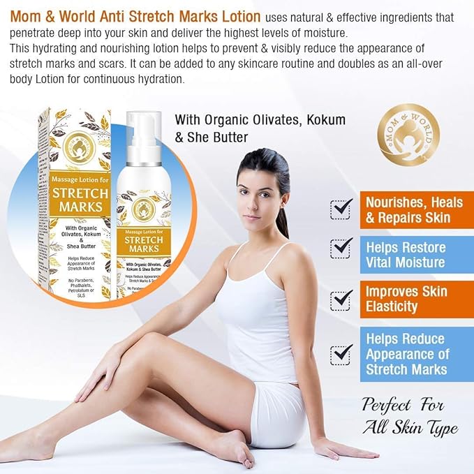 Mom & World Massage Lotion For Stretch Marks -120ml - With Organic Olivates, Kokum & Shea Butter-VivaGrace Women