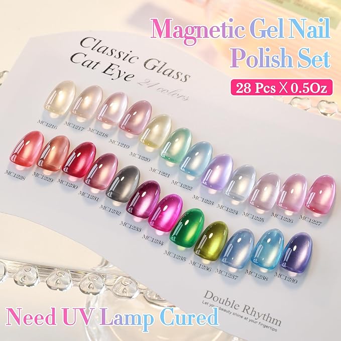 Double Rhythm 28Pcs 0.5Oz Glass Cat Eye Gel Nail Polish Set Same Color Same Bottle Soak Off Magnetic Jelly Gel Polish Kit Nail Art Manicure Salon DIY at Home (Nude Pink Blue Green-T24-10)-VivaGrace Women