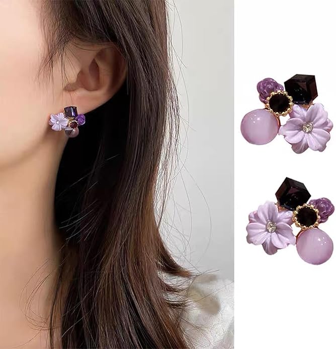 Boho Amethyst Flower Drop Earrings Vintage Purple Rhinestones Flora Petal Earrings Statement Purple Rose Studs Wedding Prom Geometric Crystal Flower Earrings Jewelry for Women-VivaGrace Women