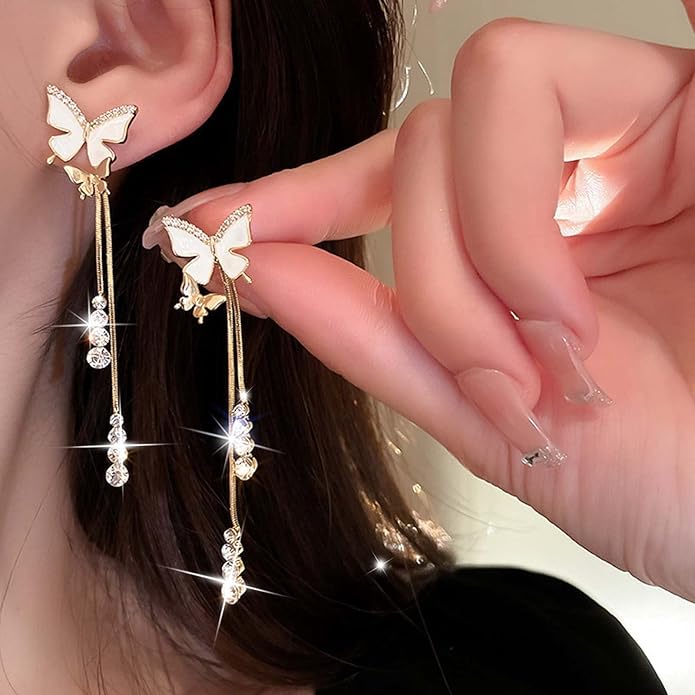 Vintage Crystal Butterfly Earrings Long Rhinestone Dangle Earrings Gold Chain Tassel Earrings Cz Butterfly Stud Earrings Jewelry for Women-VivaGrace Women