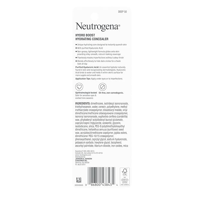 Neutrogena Hydro Boost Hydrating Concealer Stick for Dry Skin, Oil-Free, Lightweight, Non-Greasy and Non-Comedogenic Cover-Up Makeup with Hyaluronic Acid, 50 Deep, 0.12 Oz-VivaGrace Women