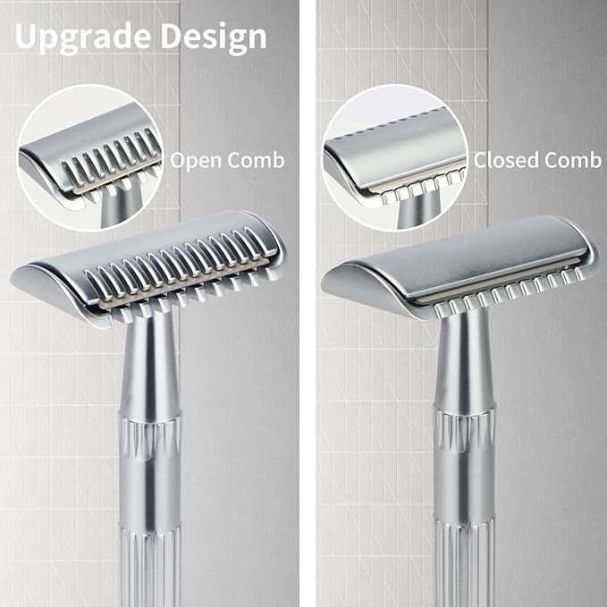 Matte Silver Double Edge Safety Razor, Single Blade Razors for Men and Women, with 10 Stainless Steel Safety Razor Blades, Reusable, Smooth and Close Wet Shaving Kit, Plastic Free-VivaGrace Women
