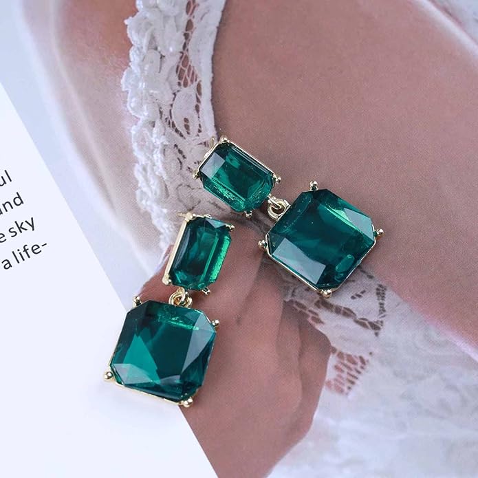 Vintage Emerald Square Earrings Green Emerald Drop Earrings Geometric Emerald Earrings Luxury Wedding Green Crystal Stud Earrings Jewelry for Women-VivaGrace Women