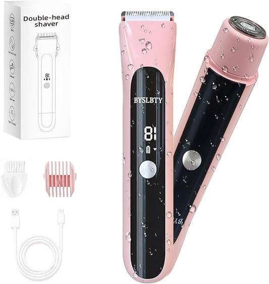 2 in 1 Bikini Trimmer for Women Dual Head Electric Shaver with LED Display,IPX7 Waterproof Wet & Dry, Painless Shaver for Underarm Leg Arm Body Face Private Area Pink-VivaGrace Women