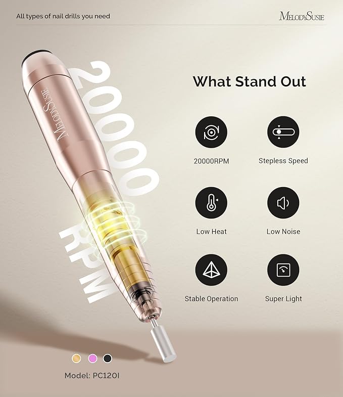 MelodySusie Electric USB Nail Drill Machine,PC120I Portable Electric Nail File Efile Set for Acrylic Gel Nails, Manicure Pedicure Tool with Nail Drill Bits Sanding Bands Gold-VivaGrace Women