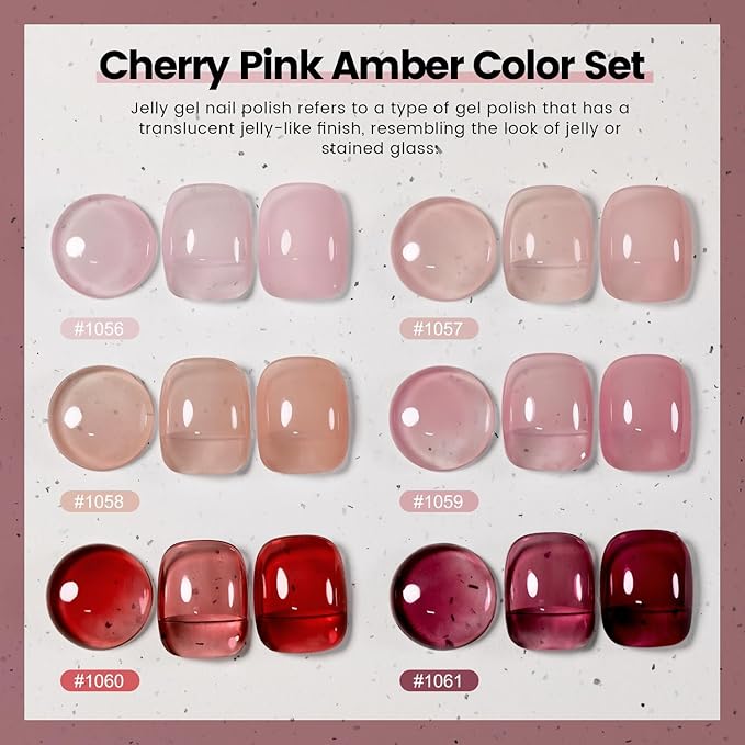 RARJSM Nude Jelly Gel Nail Polish Set 6pcs Clear Crytal Glass Pale Gray Pink Cherry Red Series Transparent Sheer Amber Milky Gel Varnish LED UV Curing Requires Soak off French Manicure Home Salon-VivaGrace Women