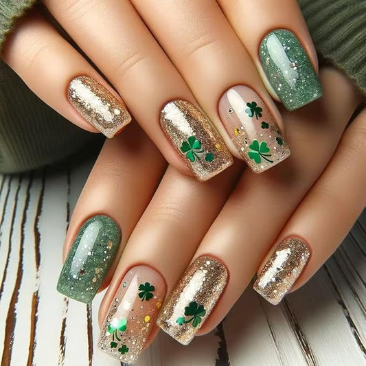 St. Patrick's Press on Nails Medium Square Fake Nails Gold Green Glitter False Nails Full Cover Clover Stick on Nails Green Glue on Nails Artificial Acrylic Nails for Women 24Pcs