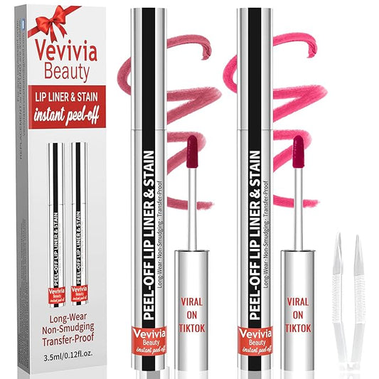 2pcs Lip Stain Peel Off - Lip Liner Stain Long Lasting Waterproof,2-in-1 Lip Liner with Tweezer Nude Matte,Non-Stick Cup,Highly Pigmented，Natural Finish,Stay On All Day,Perfect for Gift (Mauve+Rose)-VivaGrace Women