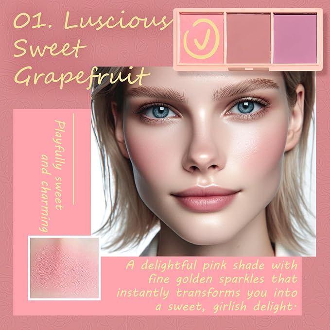 3 Color Matte Pink Blush Palette with Brush, Long Lasting Cheek Makeup, Light and Smooth Blush Powder for Face Beauty-VivaGrace Women