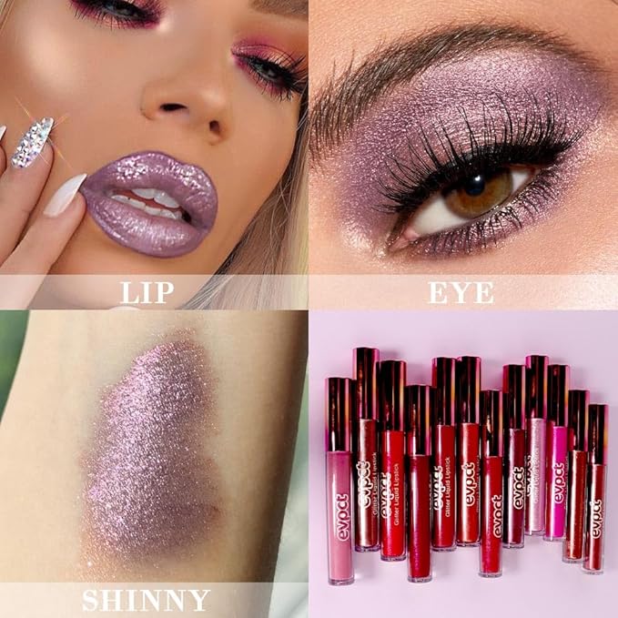 evpct 2Pcs Mauve & Taupe Mauve Glitter Metallic Shimmer Diamond Lipstick Lip Gloss Stain Set for Women Long Lasting Waterproof, Purple Sparkle Glitter Matte long Wear Liquid Lipstick Lip Makeup Kit-VivaGrace Women